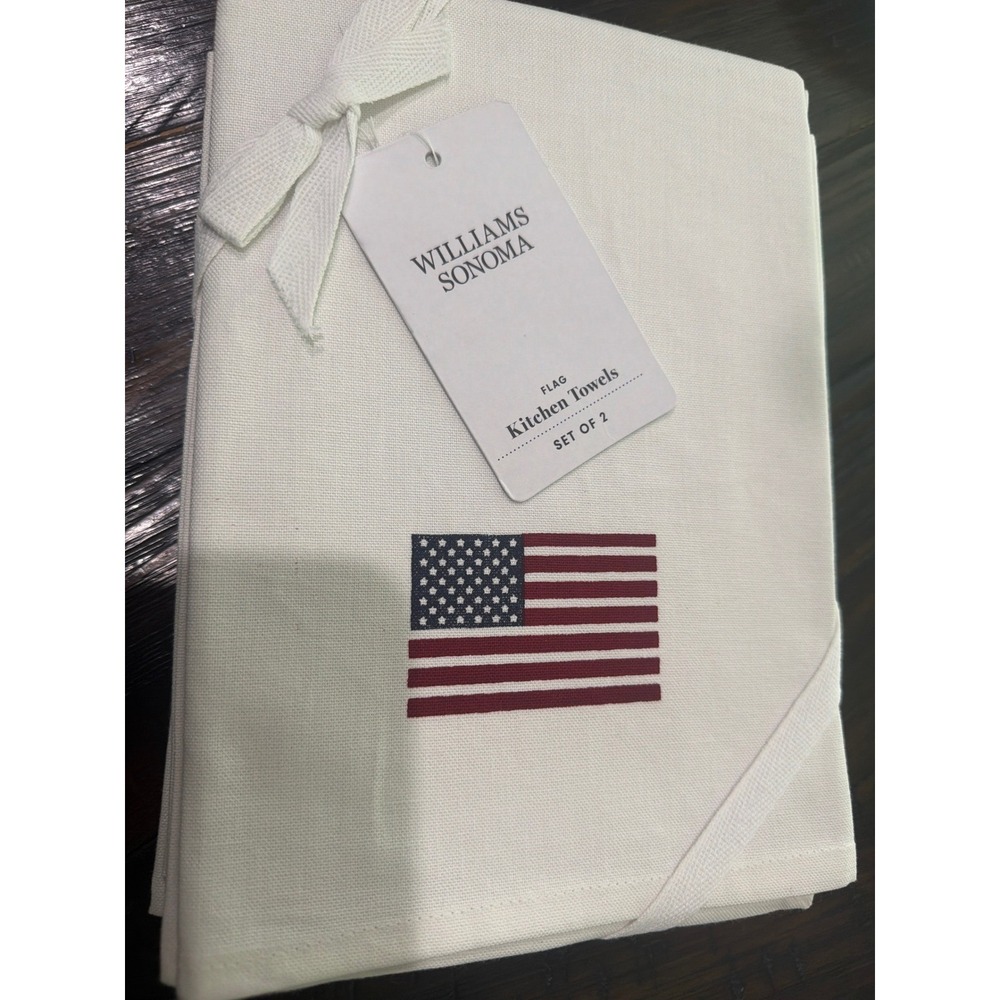 Williams Sonoma American Flag Kitchen Towels Set of 2 White Cotton 5764-770